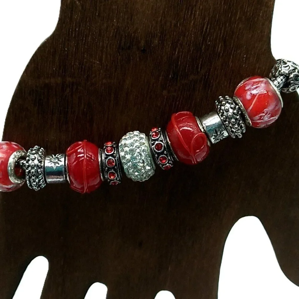 Bling Silver-tone & Red Beaded Charm Slider Bracelet on Snake Chain NWOT